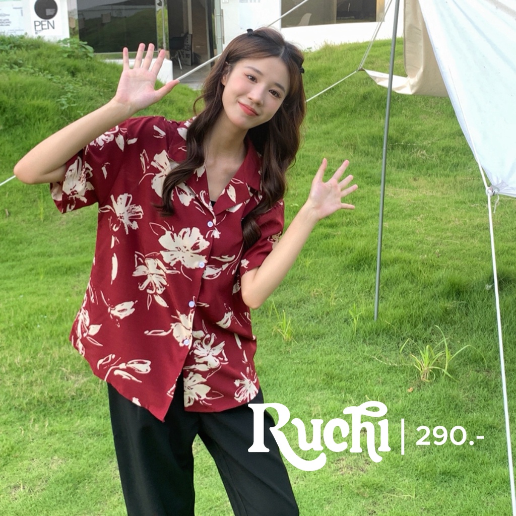 RUCHI ️เสื้อฮาวาย เชิ้ตแขนสั้น เสื้อแดง สีแดงเข้ม เสืลายดอก ผ้าพริ้วๆ ...