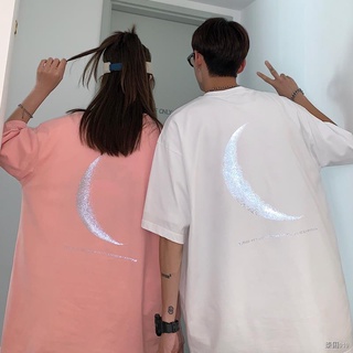 010วรรณกรรมผู้ชายและผู้หญิงคู่แขนสั้นสวมสไตล์ฮ่องกงหล่อและเรียบง่ายfloodlightดวงจันทร์พิมพ์ตัวอักษร22ฤดูร้อนรอบคอเสื้อยื