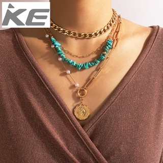 Heavy metal jewelry Turquoise beaded multi-necklace Human head round pearl four-necklace for g