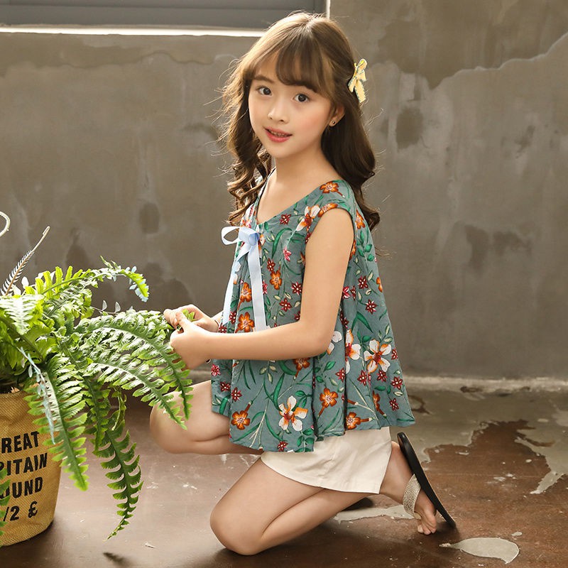 ชุดเด็กผู้หญิงฤดูร้อนใหม่ชุดเด็กเกาหลีแขนกุดกางเกงขาสั้นสองชิ้น