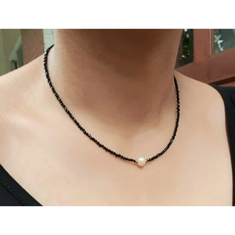 สร้อยคอหินนิลดำแท้-หินแท้ธรรมชาติ-สร้อยคอมุก-black-spinel-pearl-necklace