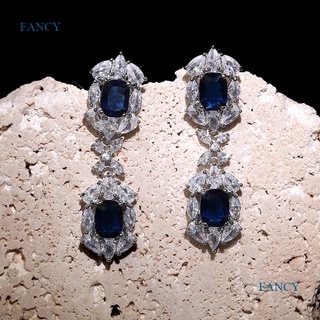 Fancyqube ต่างหูระย้า ประดับเพทาย สีฟ้า หรูหรา เครื่องประดับ สําหรับผู้หญิง งานเลี้ยง ครบรอบ งานราตรี