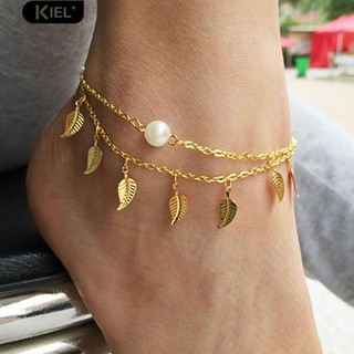 ราคา💍Leaf Tassels Two LayerFaux Pearl Beach Sandal Ankle ChainFoot Bracelet Anklet