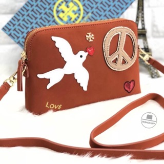 TORY BURCH Peace Embellished Mini Crossbody and Clutch Bag. สีน้ำตาลแดง