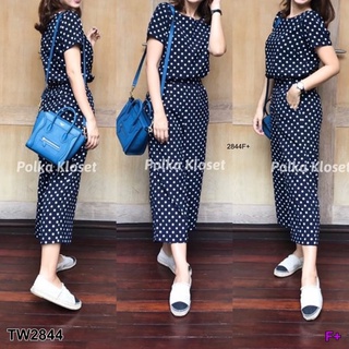 TW2844 Set 2 ชิ้น  Polka Dot แขนสั้น กับกางเกงขาบานกระบอกใหญ่ 6 ส่วน ผ้าโพร์เวย์ จุดคลาสิค เอวยืดสม็อคหลัง