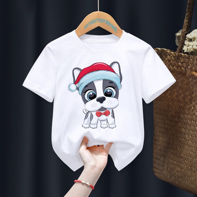 เสื้อยืดสีขาว-สุขสันต์วันคริสต์มาสสุนัขการ์ตูนน่ารักสีขาวเด็กเสื้อยืดปั๊กเด็กฤดูร้อนสาวของขวัญของ