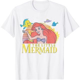 เสื้อยืดผ้าฝ้ายพิมพ์ลาย ไอเทมเด็ด!!เสื้อยืด พิมพ์ลายกราฟิกโลโก้ Little Mermaid Ariel Flounder แฟชั่นสําหรับครอบครัว