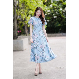 Maxi dress พิมพ์ลาย ซิปหลัง สีฟ้า