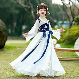 ชุดฮั่นฝูเด็ก Super Fairy โทนขาวน้ำเงิน ดอกไม้ ชุดเดรส ชุดจีนโบราณ Hanfu ประยุกต์ ชุดกระโปรง ชุดเด็ก ชุดเด็กผู้หญิง