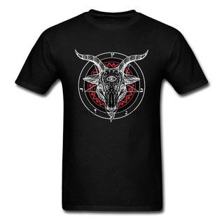 เสื้อยืดสีขาวเสื้อยืด พิมพ์ลาย Satanic Goat Baphomet Lucifer 666 Evil Monster Skull Satan Ovis สําหรับผู้ชายS-4XL