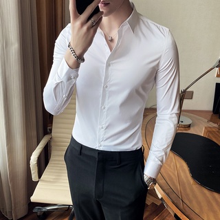 เสื้อเชิ้ตแขนยาวผู้ชายแฟชั่นเกาหลีทรงสลิมเข้ารูปพอดีตัวกับเสื้อเชิ้ตก้น