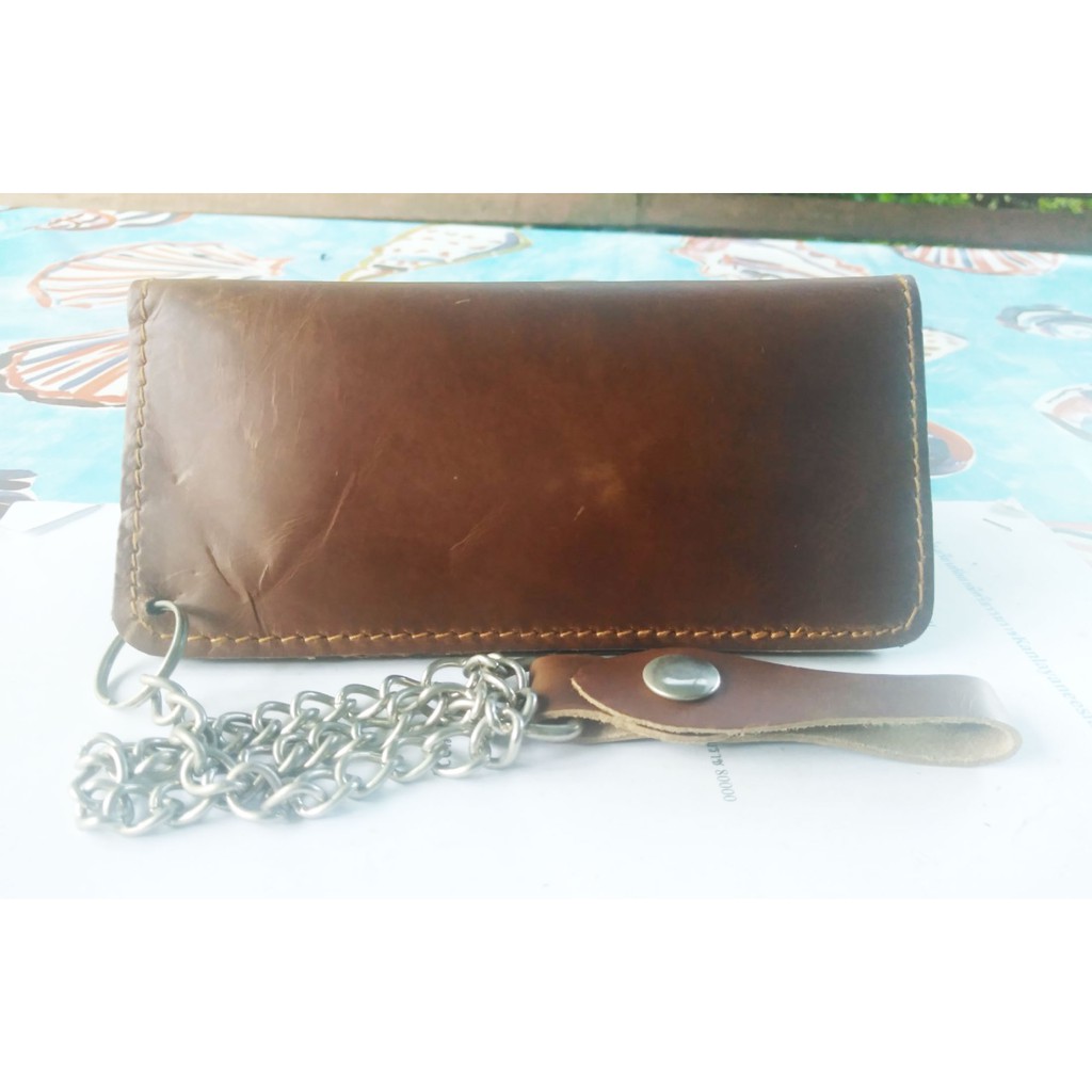 lupadu-biker-clutch-genuine-cow-leather-wallet-with-safty-chain-กระเป๋ายาวโซ่-น้ำตาล