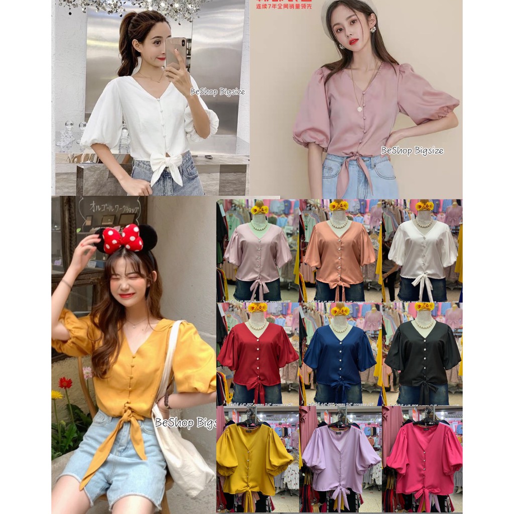 เสื้อครอป-เสือ้ผ้าคนอ้วน-อก44-52-ทรงสั้น-ปิดขอบเอว-สีพื้น-แขนพองใส่ใด้ตลอด-ทรงนี้-ฮอตฮิต