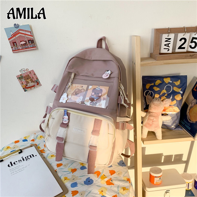 amila-กระเป๋าเป้เด็กผู้หญิงการออกแบบสีตัดกันความจุสูงกระเป๋านักเรียนแฟชั่นน่ารัก-ไม่มีจี้