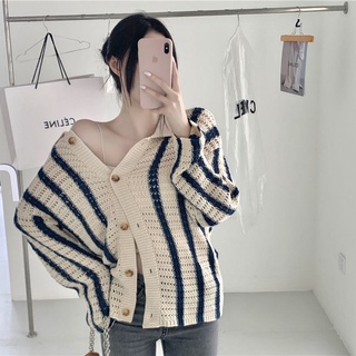 เสื้อโค้ทแขนยาว ผ้าถัก ทรงหลวม ลายทาง แฟชั่นฤดูใบไม้ร่วง สไตล์เกาหลี สําหรับผู้หญิง 2022