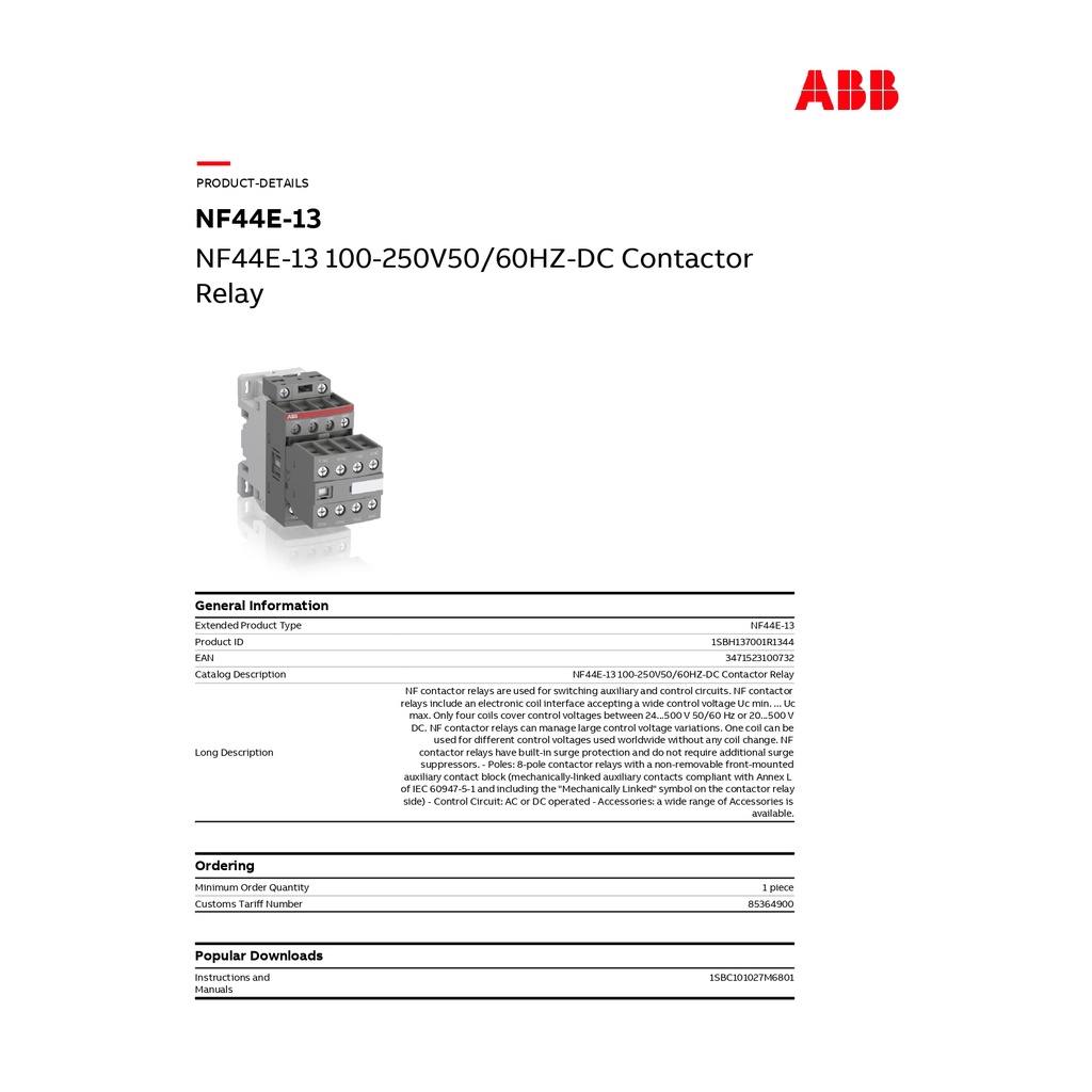 abb-nf44e-13-100-250v50-60hz-dc-contactor-relay-รหัส-nf44e-13-1sbh137001r1344-เอบีบี