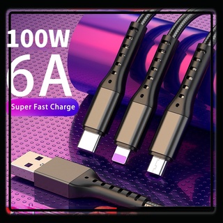 สายชาร์จเร็ว 100W 6A 3 In 1 สายชาร์จ Micro Usb Type-C สําหรับโทรศัพท์ IP สายชาร์จ Android