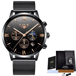 LIGE Mens Watches Top Luxury Brand Business Gold Quartz Watch Men Casual Mesh Steel Waterproof Sport