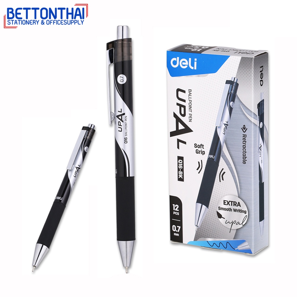 deli-q16-ballpoint-pen-ปากกากดลูกลื่น-ขนาดเส้น-0-7mm-ปลอกนิ่มจับสบายมือ-แพ็ค-12-แท่ง-ปากกากด-ปากกา-เครื่อ