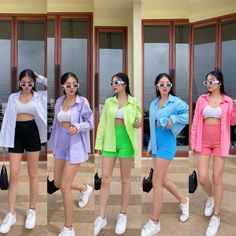 new-two-tone-set-450ฟรีส่ง-นัมเบอร์วันเลยค่าา-จึ้งมาก-ชุดเซ็ต2ชิ้น-เสื้อเชิ้ตทรงโอเวอร์ไซส์-แมทช์คู่กับกางเกงขาสั้น