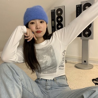 เสื้อยืดแขนยาว พิมพ์ลาย ทรงไม่สมมาตร สไตล์เกาหลี สําหรับผู้หญิง