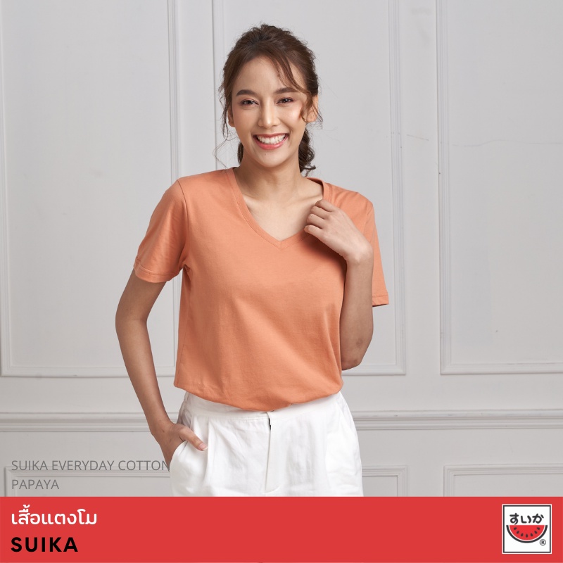 เสื้อยืดสีขาวแตงโม-suika-เสื้อแตงโม-คอกลม-คอวี-everday-cotton-papaya-ส้ม