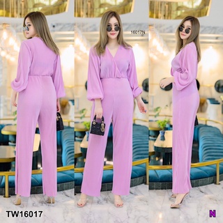 TW16017 Jumpsuit #สาวอวบ จั๊มสูทขายาว อกไขว้ แขนยาว เนื้อผ้าอัดพลีทร่องเล็ก เนื้อผ้าสวยขึ้นเงา