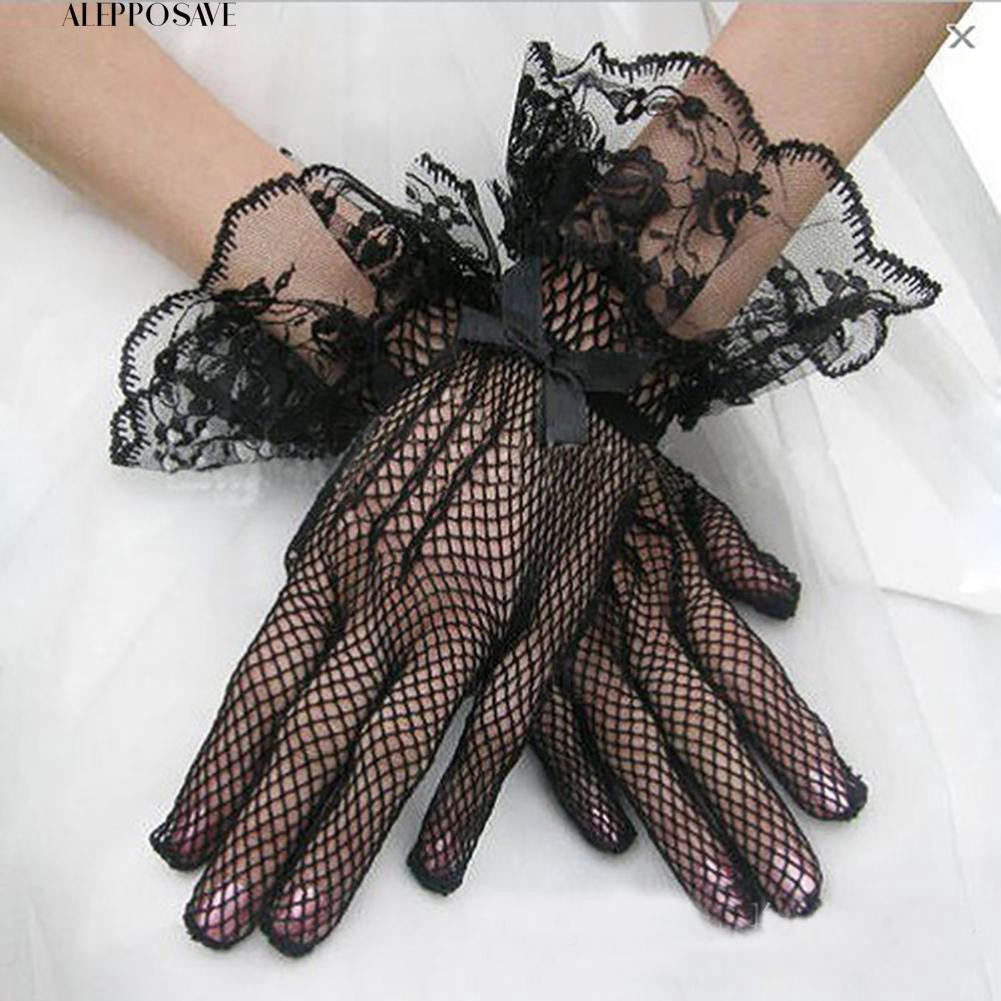 ถุงมือประดับโบว์ลูกไม้ตาข่ายสำหรับเจ้าสาว