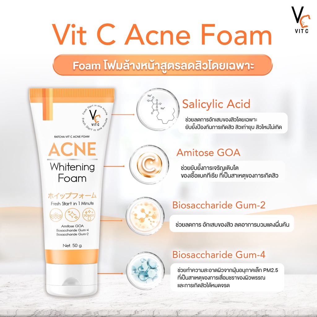 ถูก-amp-แท้-โฟมวิตซีรัชชา-รัชชา-วิตซี-แอคเน่-โฟม-50กรัม-ratcha-vit-c-acne-foam-โฟมสูตรลดสิวโดยเฉพาะ