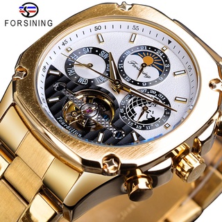 Forsining Tourbillon Moon Phase Mechanical Watch Mens Steampunk Luxury Gear Self Winding Golden Steel Automatic Clock Wr