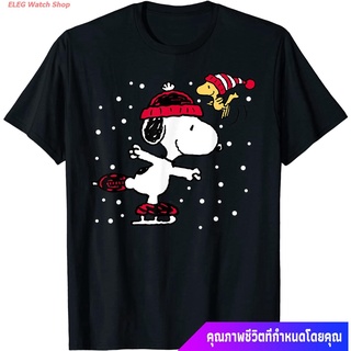 สาว Peanuts Snoopy And Woodstock Skate Holiday T-Shirt discount เสื้อยืดผ้าฝ้าย