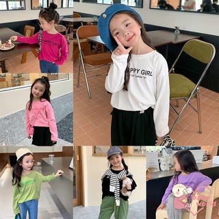เสื้อยืดลําลอง แขนยาว คอกลม พิมพ์ลายตัวอักษร สีตัดกัน สําหรับเด็กผู้หญิง
