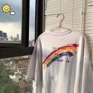 เสื้อขาว - [เอส-5XL] ฤดูร้อนผู้ชายแฟชั่น Tshirts พิมพ์รุ้ง Oversize หลวมคู่เสื้อยืดแขนสั้นเสื้อยืดส