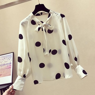 ❁⊙Very fairy polka dot เสื้อชีฟองผู้หญิงแขนยาว 2019 ฤดูใบไม้ผลิใหม่สไตล์เกาหลีหลวมสไตล์ตะวันตกเสื้อขนาดเล็ก slim เสื้อแน