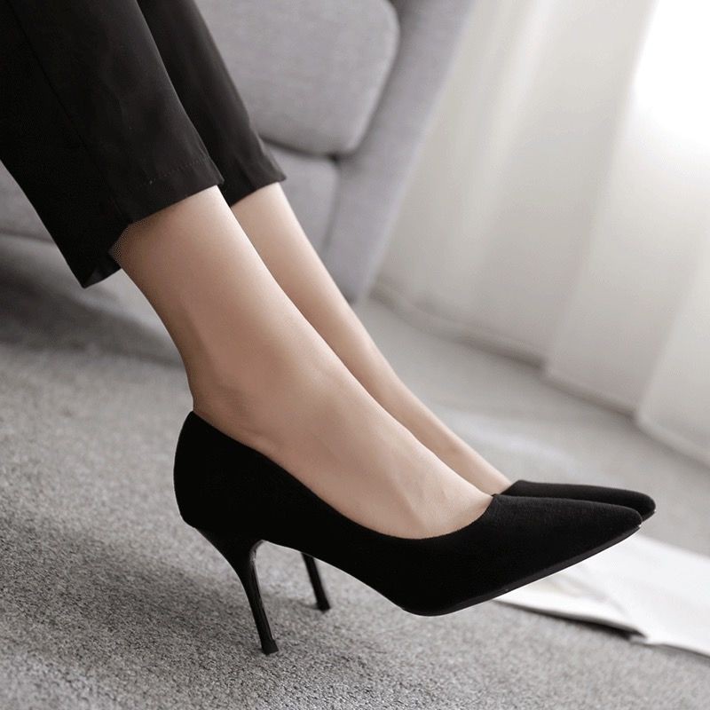 ภาพหน้าปกสินค้ารองเท้าส้นสูงหนังกลับสีดำรองเท้าส้นเข็มผู้หญิงมืออาชีพ