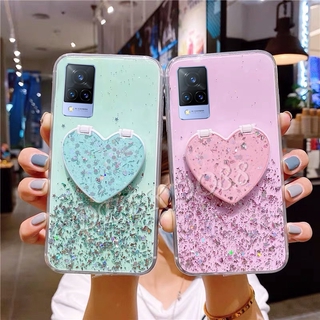 เคสโทรศัพท์ VIVO V21 5G Casing with Make-up Mirror Love Stand Holder Bling Phone Case Glitter Star Space Cover เคส วีโว่V21 Soft Case