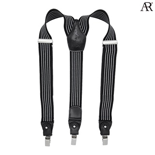 ANGELINO RUFOLO Suspenders(สายเอี๊ยม) 3.5CM. รูปทรงYแบบปรับความยาวได้ คุณภาพเยี่ยม ดีไซน์ Stripes สีดำ/สีเทา