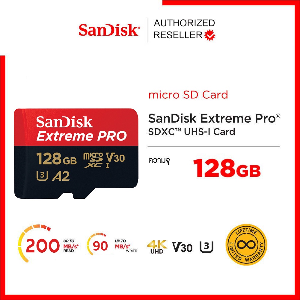 เกี่ยวกับ SanDisk Extreme Pro microSD 128GB ความเร็ว อ่าน 200MB/s เขียน 90MB/s (SDSQXCD-128G-GN6MA) เมมโมรี่ การ์ด แซนดิส ใส่ Gopro11 & MAX