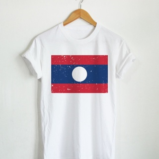 เสื้อยืดลาย ธงชาติลาว ประเทศลาว Laos Flag เสื้อยืดสกรีน แขนสั้น คอกลม bh