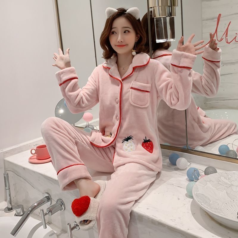 xiaoxiao-ฤดูใบไม้ร่วงและฤดูหนาว-plus-กำมะหยี่หนา-flannel-ชุดนอนสตรีแขนยาว-plus-ปุ๋ย-plus-ขนาดขนแกะปะการังเสื้อผ้า-wa