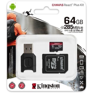 Kingston 64GB React Plus UHS-II 285MB/s MicroSDXC Card w/SD Adapter and Reader