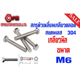 สกรูหัวเหลี่ยมเกลียวตลอดสแตนเลนเลส 304 มิล-M6