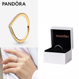 สินค้า Pandora แหวนหมั้นแต่งงาน เงิน 925 ประดับเพทาย ทอง 18K รูปตัว V สําหรับผู้หญิง