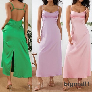 Bigmall- ชุดเดรสยาว แขนกุด คอวี เปิดหลัง เข้ารูป สีพื้น สําหรับสตรี