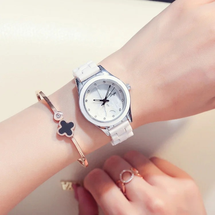 นาฬิกาข้อมือเซรามิค-ประดับเพชร-พลอยเทียม-รูปหอไอเฟล-สีขาว-สําหรับผู้หญิง