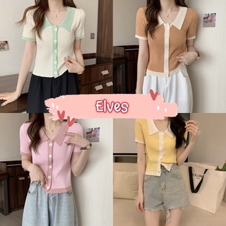 Elves✨พร้อมส่ง✨ เสื้อไหมพรมแขนสั้น คอปก สีพาสเทลน่ารักเกาหลีมาก ~71008~ -C