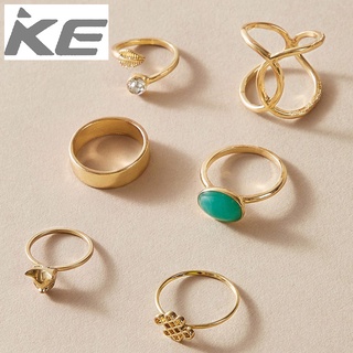 Popular accessories wild green diamond cat head leaf adjustable ring 6-piece set for girls for