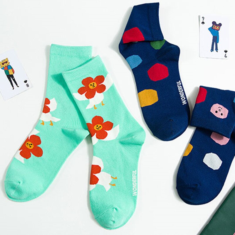 ins-colorful-funny-flowers-ถุงเท้ายาวสุภาพสตรีเกาหลีแฟชั่นใหม่น่ารักผ้าฝ้ายนุ่มสบายถุงเท้าลูกเรือบางผู้หญิงถุงเท้าสีขาว