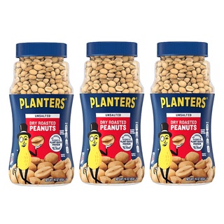 PLANTERS ถั่วลิสงคั่วแห้ง แพลนเตอร์ ดราย โรสเต็ด พีนัทส์ อันซอลเท็ด สูตรไม่เติมเกลือ ปราศจากคอเลสเตอรอล 3  ขวด ขวดละ 453