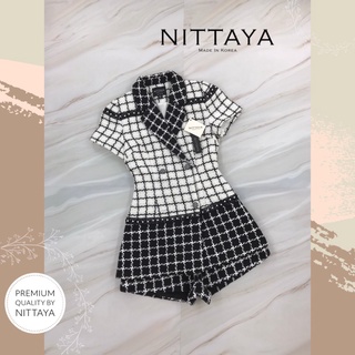 Nittaya set 2ชิ้น เสื้อคอปกประดับกระดุม+ กางเกงขาสั้น ผ้าทวิสลายตาราง